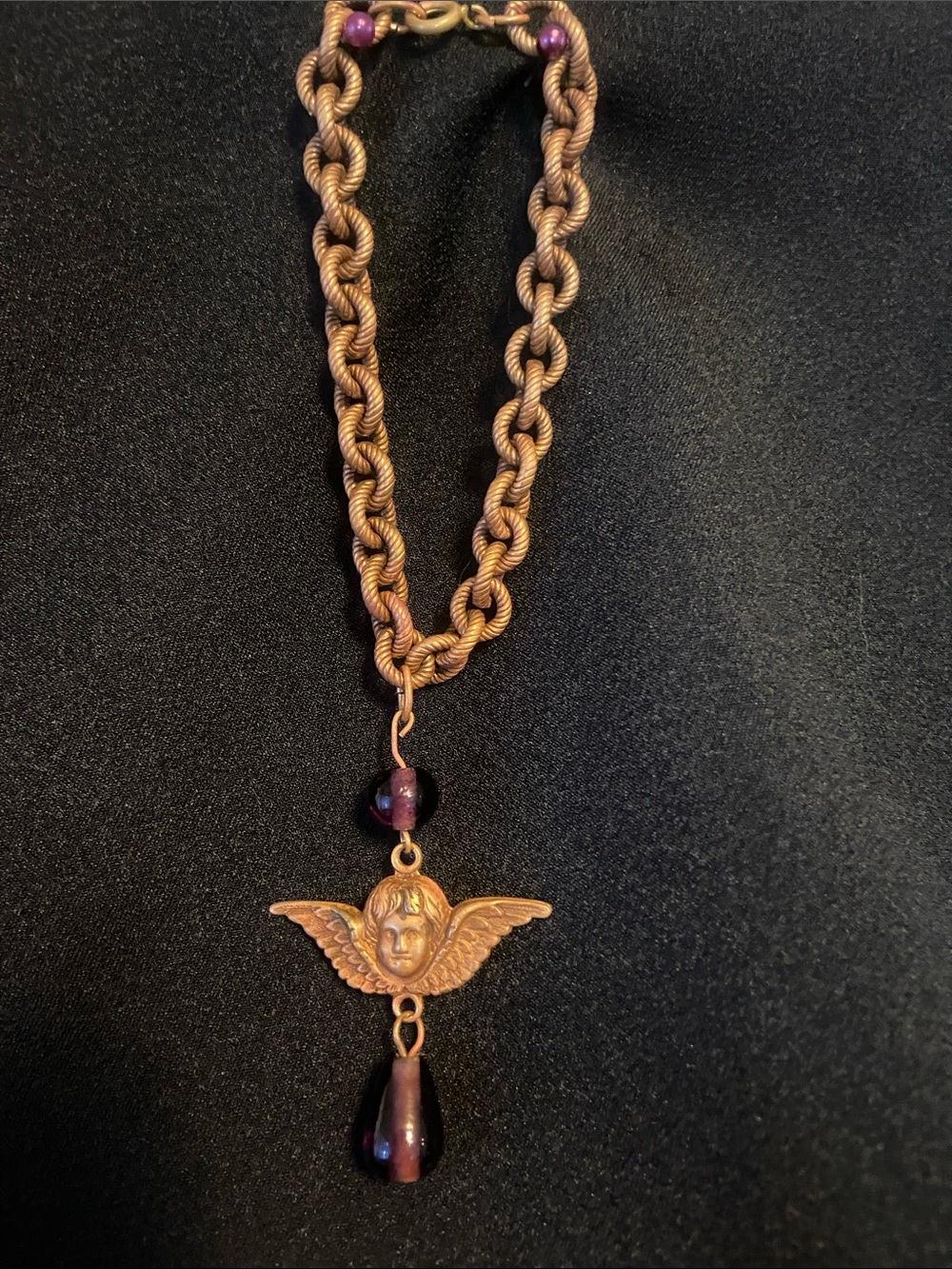 Copper Angel Pendant Bracelet with Purple Bead Accents
